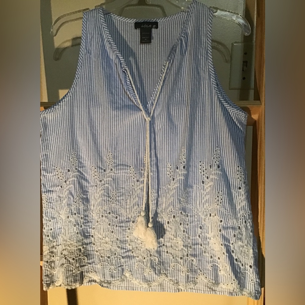 Women’s size medium, sleeveless, blue and white pinstripe Lola B top